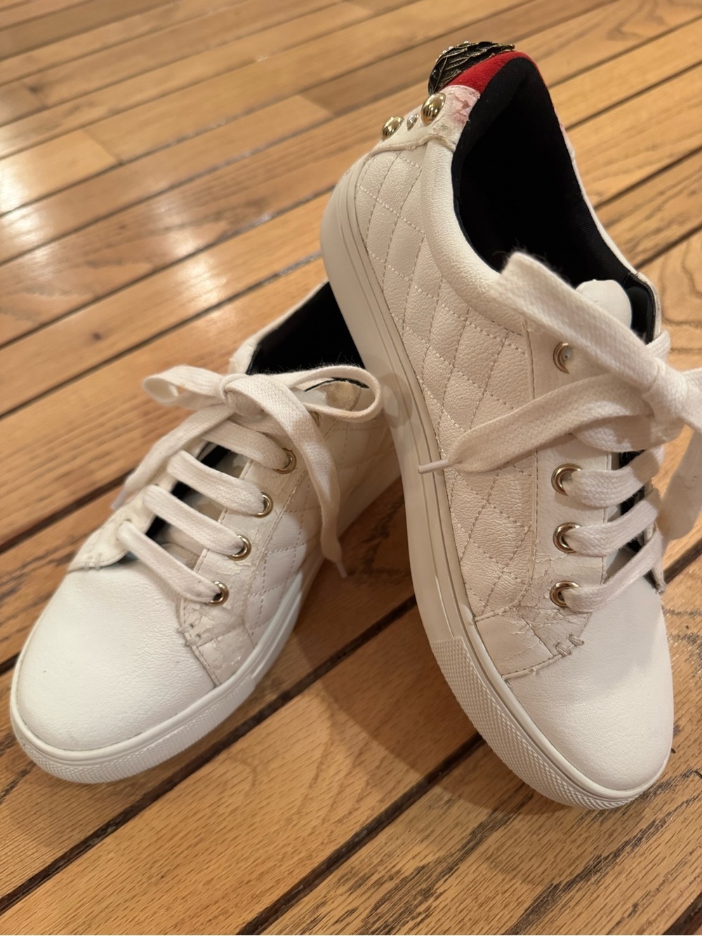 Kurt Geiger Quilted White Lace-Up Sneakers with Red Heel Tab
